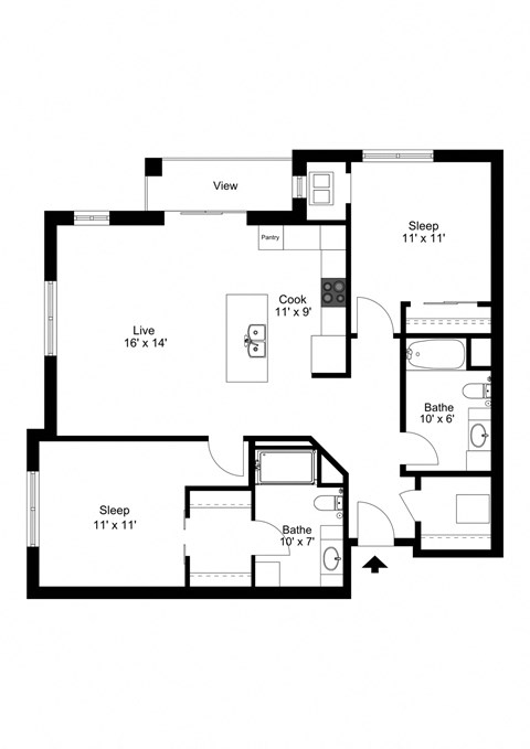 Floor plan for 2 beds, 2 baths, 1163 sqft